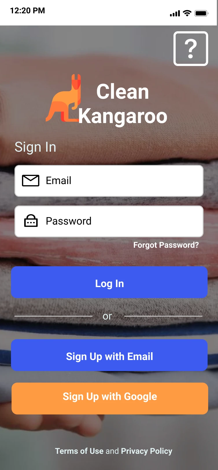 Clean Kangaroo sign-in screen