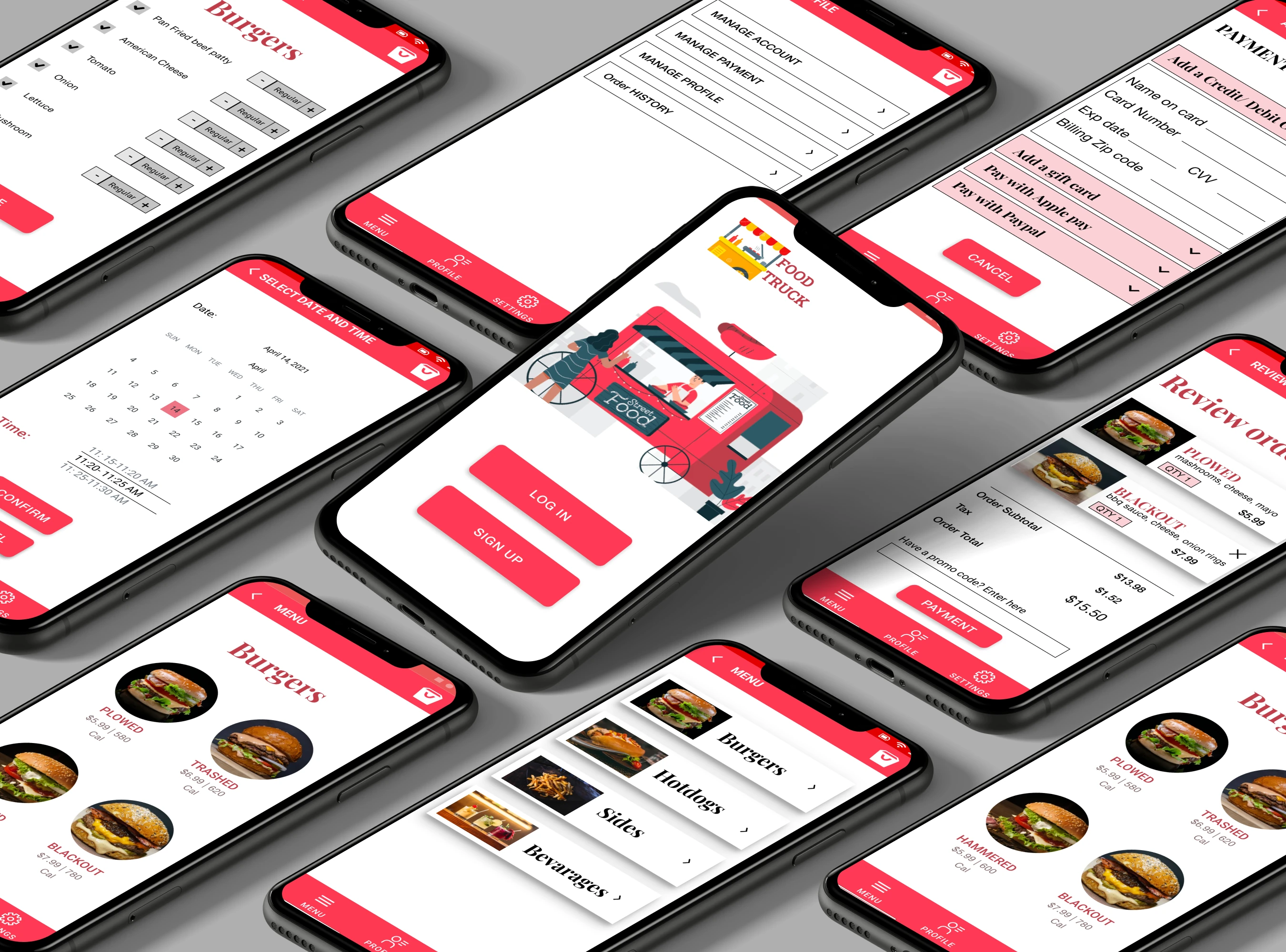 Food Truck mobile prototype showing menu browsing, ingredient customization, pickup scheduling, order review, and payment options