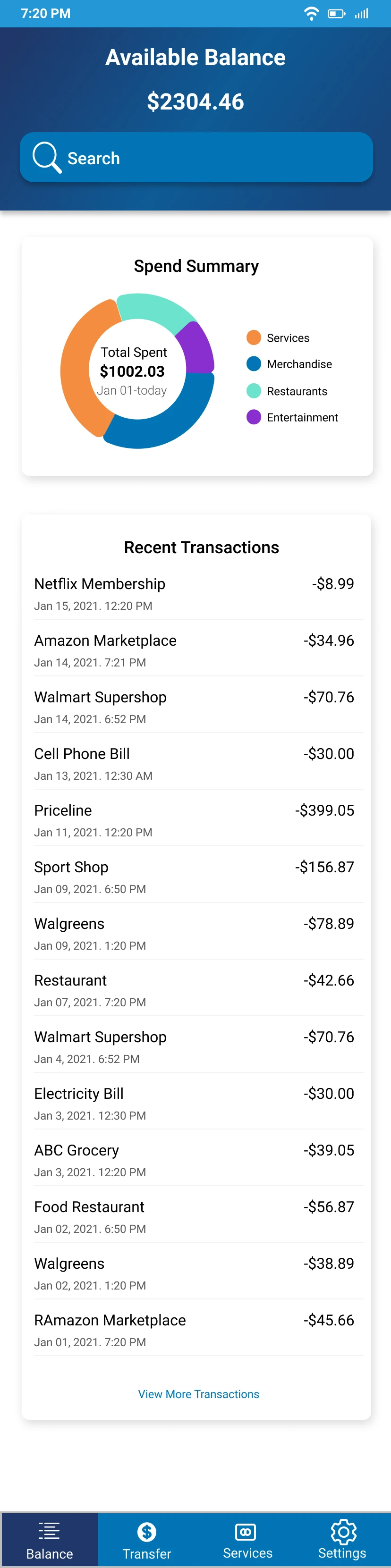 Balance dashboard with a spending breakdown and recent transaction history