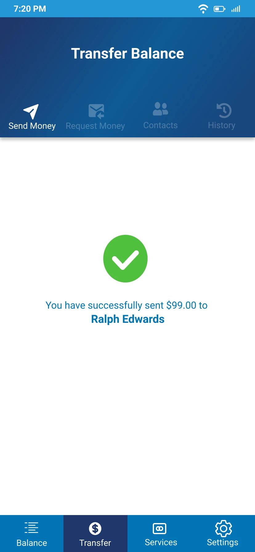 Transfer-success example confirming $99 sent to the selected recipient
