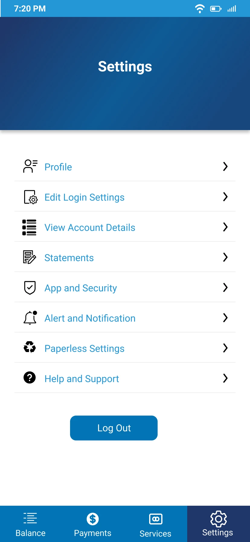 Settings menu with profile, account, notification, security, and support options